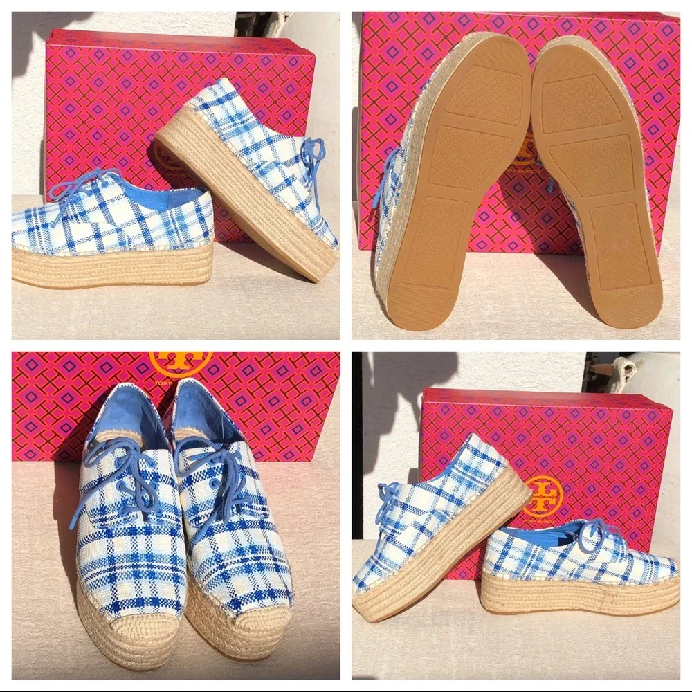 TORY BURCH Florence plaid platform espadrilles shoes size 9,5